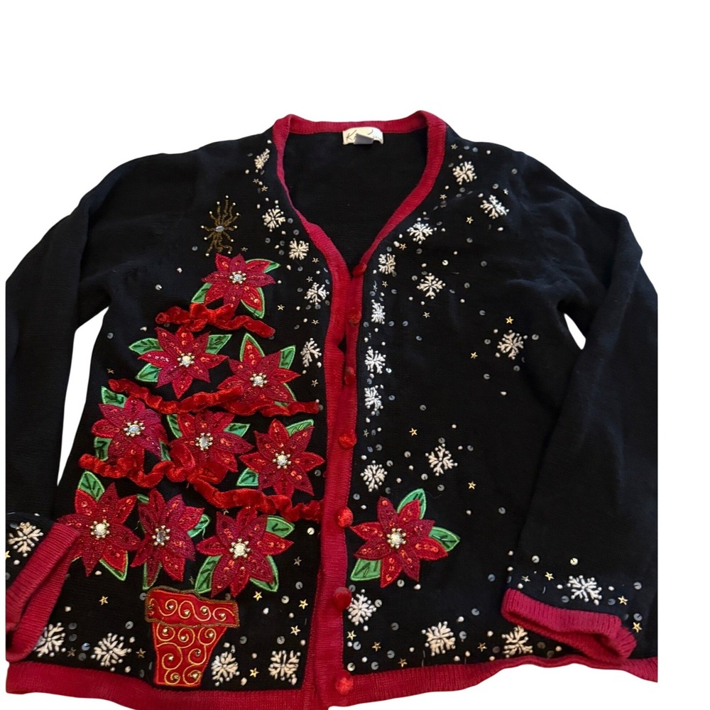 Vintage 90s Kim Rogers Christmas Poinsettia Sequin Cardigan Black Red Large